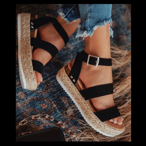 Soda Shoes - Black strappy Bryce open top espadrille sandal